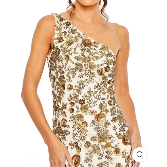 Mac Duggal Floral Beaded One Shoulder Gown 5955 Champagne Gold NWT - Picture 3 of 11